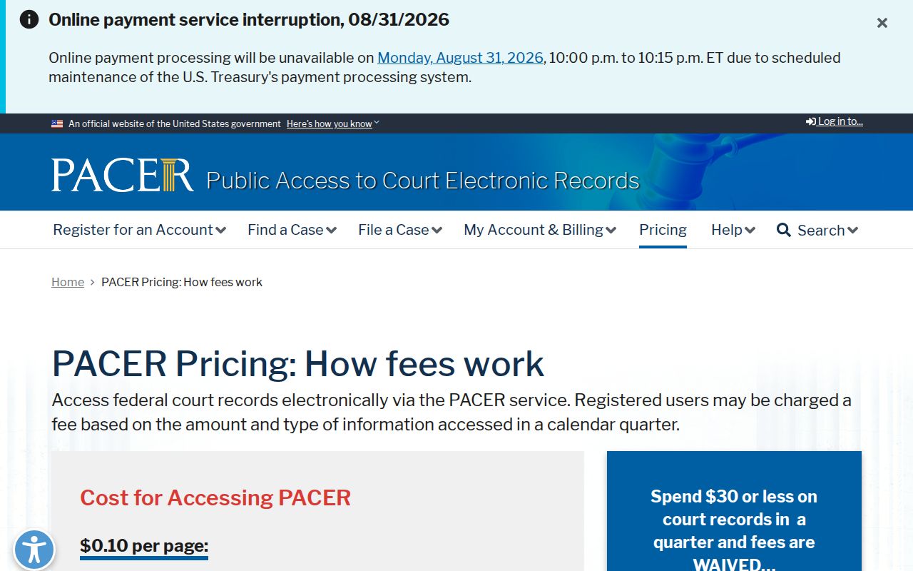 Davidson County court case records PACER federal docket pricing information