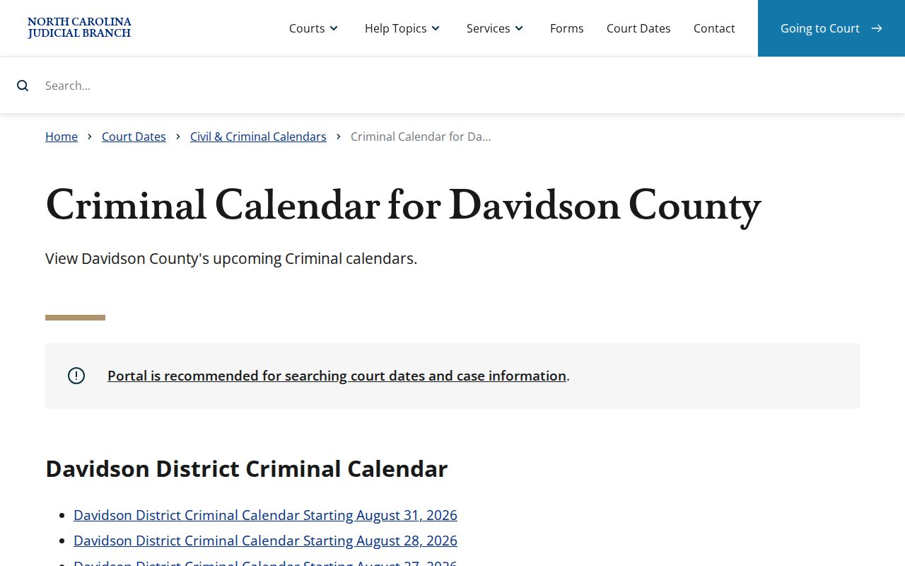 Davidson County court schedule criminal calendar interface